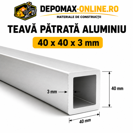 Teava patrata aluminiu 40 x 40 x 3 mm, 6 metri (EN AW-6060)